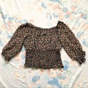 Anthropologie Black Floral Smocked Puff Sleeve Blouse